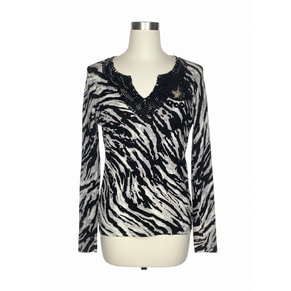 Woman's Motive Sweater Size SMALL Long Sleeve Black/Gray & White, Pullover zebra